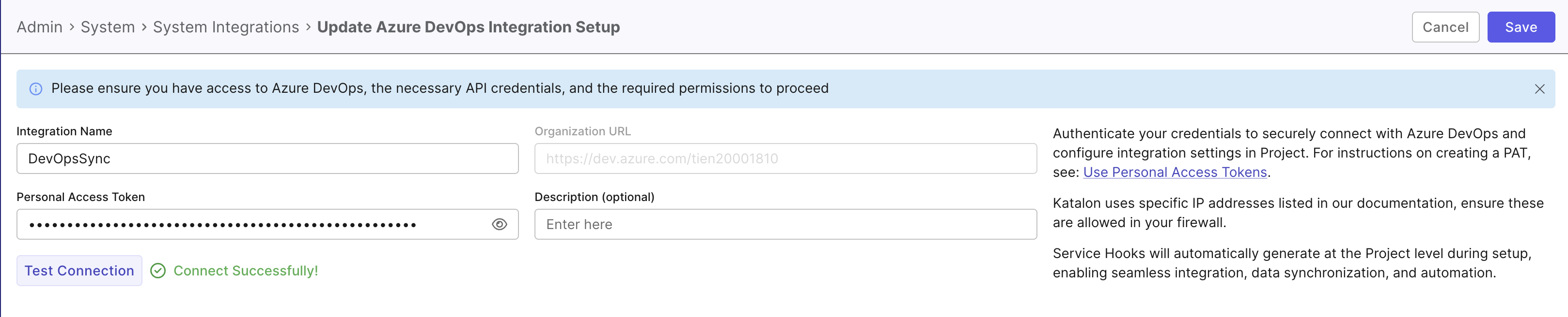 The Azure DevOps integration connecting successfully in Katalon TestOps.